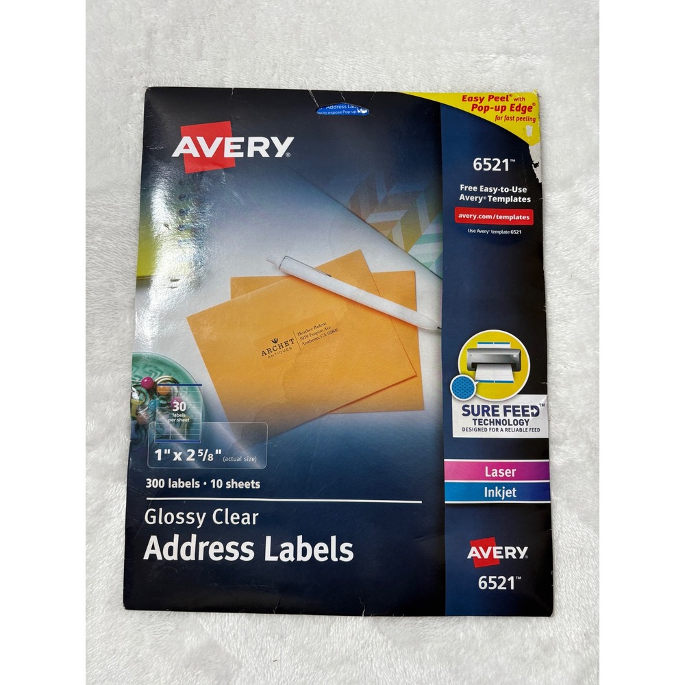 Avery 6521 Glossy Clear Address Labels 1 x 2-5/8 Inch 300‎ Labels Laser Inkjet